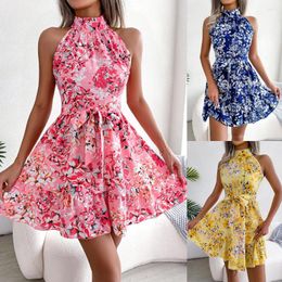 Casual Dresses Vacation Women's 2024 Summer Printing Lace Up Ruffle Flap Flare Flower Skirt Mini Dress For Women Vestidos Elegantes