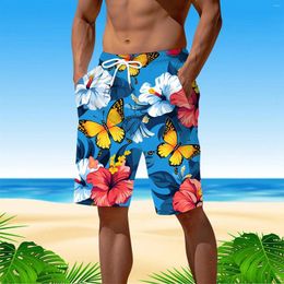 Men's Shorts Summer Hawaiian Flower Print Casual Beach High Waist Drawstring Quick Dry Board With Pockets Sport Boxers