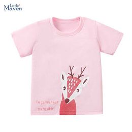 T-shirts Little maven 2024 Summer Toddlers Childrens Clothing Birthday Gifts Deer Pink T shirts Cartoon Baby Girls Kids Clothes Cotton Y240521