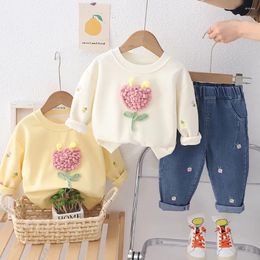 Clothing Sets Cute Baby Girls Clothes Embroidery Floral Pullover Tops Denim Pants 2Pcs Kids Casual Hoodie Children Suits 1-5Y