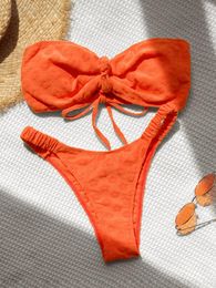 Women's Swimwear Sexy Bandeau Bikini 2024 Women Front Tie Orange White Push Up Micro Swimsuit Brazilian Cutout Bathing Suit Pleate Thong