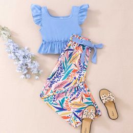 Clothing Sets New Children Clothes and Girls Summer Dress Solid Color Sleeveless Top Multi Color Leaf Pants with Belt Set Clothing for girls Y240520QU0U