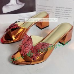 Slippers Crystal Butterfly Patent Leather Women Luxury Orange Chunky Mid Heel Shoes Ladies Holiday Casual Est Chic