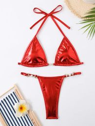 Women's Swimwear Sexy Micro Bikini Swimsuit Women 2024 Brazilian Brozing Solid Red Silver Push Up Pearl Thong Bathing Suit Bikinis Set