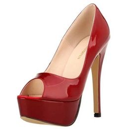 Dress Shoes Sexy Peep Toe Platform Women Pumps 14cm Super High Patent Leather Heels Shoes Red Wedding Stilettos H240521 LJJR