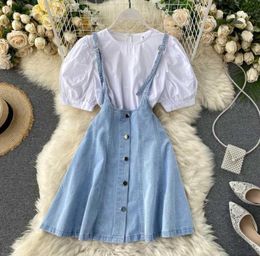 Two Piece Dress Women 2 Pieces Set Denim Strap Slim With Tops Button Up Modest Office Lady Wear Work Classy African Fashion Bodyco5364840