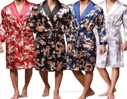 Fashion Men039s Bathrobe Silk Kimono Long Sleeves Robe Chinese Lucky Dragon Print Pyjamas Men Gown Bathrobe Men Homewear Sleepw2698693060