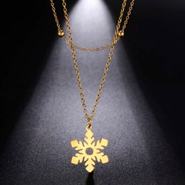 Snowflake Pendant Necklace For Women Fashion Double Layer Choker Stainless Steel Jewelry Collar Christmas Birthday Gift