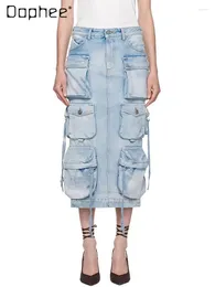 Skirts Tooling Style Large Pocket Skirt Women 2024 Spring Summer Washed Denim Faded Distressed Straight High Waist Back Slit