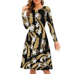 Casual Dresses Polynesian Tribal Clothing Samoa Fiji Print Custom 2024 Autumn Elegant High Quality Women Sexy Midi Long Sleeve Hawaiian