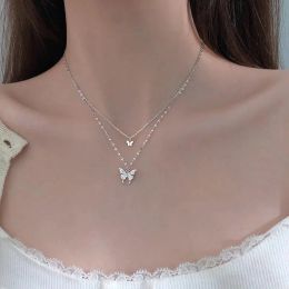 Other Double Layer Shiny Butterfly Cute Necklace Fashion Womens Temperament Clavicle Chain Romantic All-Match Jewellery For Ladies Gift Otqzw