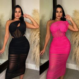 Work Dresses One Shoulder Mesh Corset Tops See Through Sheer Skirt 2 Piece Sets Women Elegant Sexy Bodycon Evening Party Dress Suits