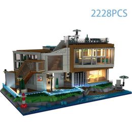 Blocks City Villa House Lighting Hotel Holiday Village Home Model Toys Bricks Building Birthday Gifts Kids Ldren Friend H240521