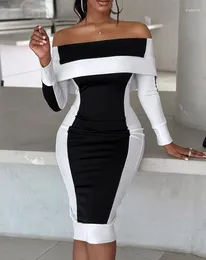 Casual Dresses Elegant Party For Women 23 Winter Fashion Sexy Off Shoulder Colorblock Long Sleeve Midi Dress Temperament Commuting