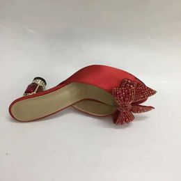 women Ladies 2024 Genuine satin leather Rhinestone 8CM high heels sandals summer Flip-flops slipper slip-on wedding dress Gladiato 5df