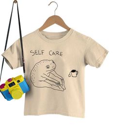 T-shirts Self Care Print Kids T Shirt Line Frog T-shirt Cartoon Short Sleeve Shirt Funny Frog Y2k Top Tees Fashion Baby Boys Girls Tshirt Y240521
