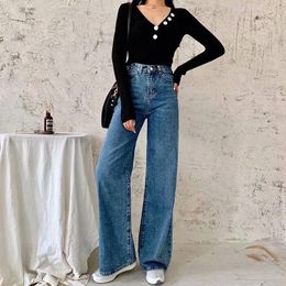 Women's Jeans High Waist Solid Colour Wide Leg Spring Autumn Retro Style Women Street Classic Slim Straight Denim Pants Lady