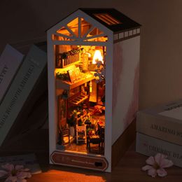 DIY Wooden Book Nook Shelf Insert Kit Dollhouse Miniature Cherry Blossom Bookends Doll Houses Bookshelf Handmade Crafts Gifts