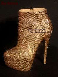 Boots Surkova Champagne Gold Bling Crystal Ankle Stiletto Heel Inside Platform Rhinestone Wedding Shoes Full Glitter Pumps