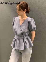 Women's Blouses V-Neck Ruffle Shirts & Lace-up Tunic Blusas Puff Short Sleeve Camisas Korean Style Ropa Mujer 2024 Summer Tops