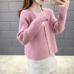 Women's Knits Cardigan V-neck Purple Knitted Top For Women Winter Button Pink Ladies Sweaters Harajuku Fashion Y2k Vintage 2024