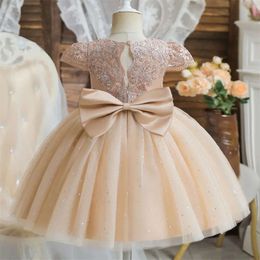 Toddler 1st Birthday Party Cute Bow Kids Princess Lace Tulle Embroidery Flower Girls Dresses for Weddings 1-5 Year