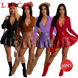 Work Dresses 10 Bulk Items Wholesale Lots Dress Sets 2024 Long Sleeve Bodysuit PU Leather Pleated Skirt Two Piece Set Womens Outfits K12625