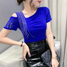 Women's T Shirts Summer Korean Style Mesh T-Shirt Chic Sexy Skew Collar Shiny Diamodns Women Tops Short Sleeve All Match Hand Made Tees