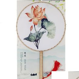 Party Favour Chinese Style Round Fan With Wooden Handle Portable Printed Vintage Fans Dance Wedding Favours Drop Delivery Home Garden Fe Dhdt6