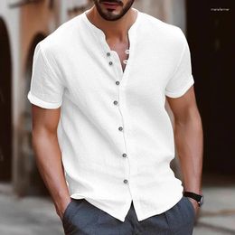 Men's Casual Shirts Button Up Vintage White Shirt For Men Short Sleeve Solid Black Blue Cotton Linen Hawaiian Fashion Mens Top