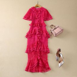 Spring Pink Floral Lace Ruffle Mermaid Dress Short Sleeve Round Neck Panelled Long Maxi Casual Dresses S4J290125 Plus Size XXL