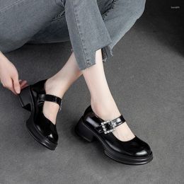 Casual Shoes Med Square High Heels Women 2024 Real Cow Leather Spring Round Toe Girl Black Work Pumps For Woman