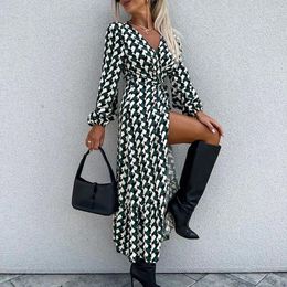 Casual Dresses Office Long Sleeve Commuter Belt Waist Dress Fall High Split A-line Spring Women Pattern Print V-neck Party