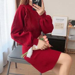 Casual Dresses Elegant Sweater Dress Ladies Autumn Winter O Neck Knitted Women Korean 2024 High Waist Red Black Vestidos