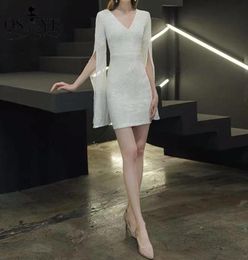 Party Dresses Short White Evening Sequin Long Flare Sleeves Sheath Gown V Neck Knee Length Formal Dress Glitter 2022Party3900211