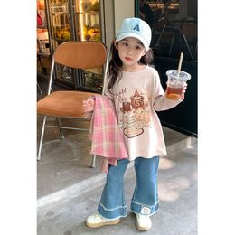 2023 Autumn Girl Baby Ruffle Pockets Jeans Children Boot-cut Casual Denim Pants Kid Cotton Loose Fashion Trousers Clothing