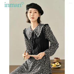 Casual Dresses INMAN Women Two Piece Dress Set Winter Long Sleeve Double Layered Lace Pointed Collar A-shaped Flower Print Vintage Skirt