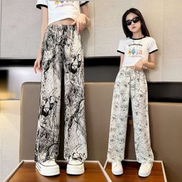 Girls' Ink Painting Ice Silk Leggings Summer Thin Chinese Style Loose Straight Wide-Leg Pants Kids Girls Casual Fashion Trousers