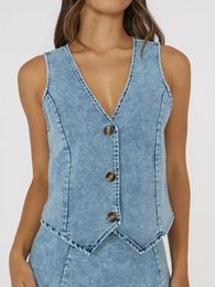 Women's Tanks Summer Denim Tank Tops Sleeveless Deep V Neck Button Up Vest Female Retro Cowboy Coat For Streetwear Y2K 80s 90s
