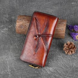 Wallets Genuine Leather Long Wallet For Women Purse ID/ Cash Holder Dragonfly Retro Designer Female Cowhide Money Clutch Bag