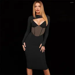 Casual Dresses Summer Corset Dress Long Sleeve Bodycon Sexy Elegant Mesh Midi Stretchy Night Dates Club Outwear Party