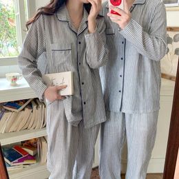 Women's Sleepwear Autumn Winter Stripe Cotton Pyjama Set Pockets Long Sleeve Couple Comfortable Tops Pants Home Clothes 2 Pieces S267