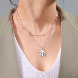 Maple Leaf Necklace Stainless Steel Tree Leaves Pendant Two Layers Beads Chain Choker For Women Engagement Jewellery Gifts