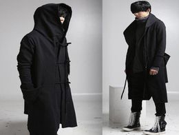 Whole mens casual wool overcoat hooded fashion long trench coat men hip hop black long coat hoodie jacket4323670