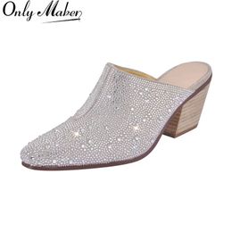 Onlymaker Women Pointed Toe Rhinestone Mules Glitter Bling Shiny Pretty Sparkly Gorgeous Chunky Heel Slip On Summer Slipper