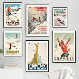 Vintage Zermatt Chamonix Skiing Poster Print Retro Australia France Ski Canvas Painting Wall Art Travel Picture Home Room Decor