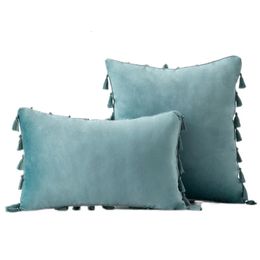 Inyahome Water Blue Velvet Soft Solid Decorative Throw Pillow Cover with Tassels Fringe Boho Cushion Case for Couch Sofa Bed 240520