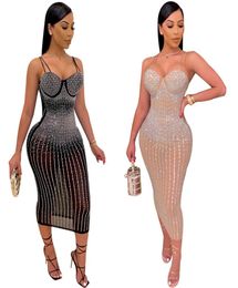 Plus size Women Rhine dresses mesh mini skirts sexy clubwear spaghetti strap dress fashion solid color bodycon dress party clothes 44523875951