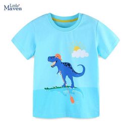 T-shirts Little maven 2024 Tops Kids Clothes New Baby Boys Blouses Blue T-shirts for Childrens Clothing Cartoon Dinosaurs Cotton Y240521