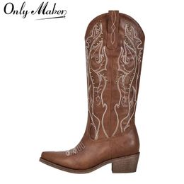 Onlymaker Women Western Cowboy Boots Pointed Toe Embroidered Block Heel Pull-On Cowgirl Booties